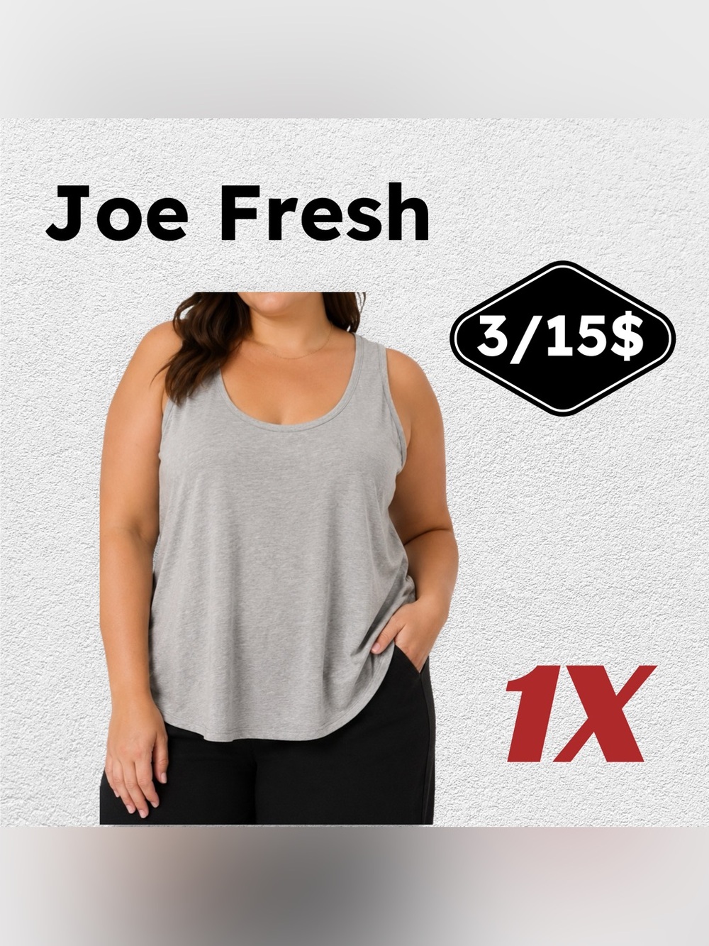 🔶3/15$🇨🇦👍FAIR JOE FRESH | 1X | Essential Basic Gray Jersey Relaxed Tank